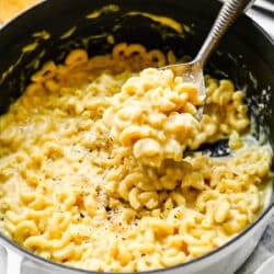 A hand holding a spoon with a scoop of gouda mac and cheese on it.