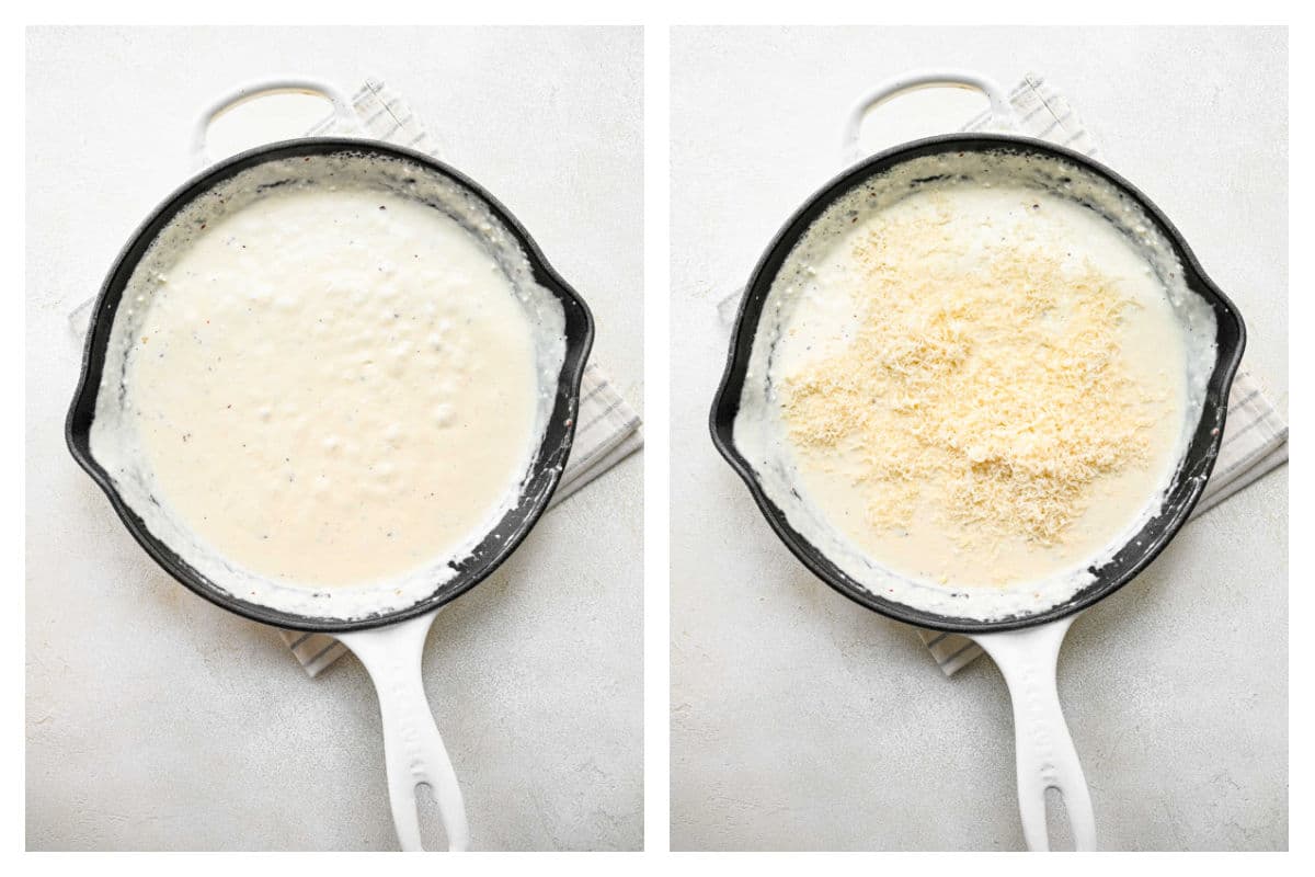 Reserved pasta water stirred into melted cream cheese mixture. 