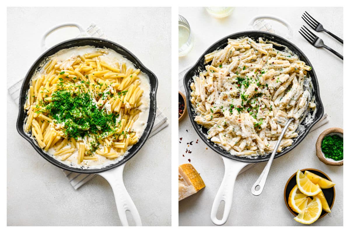 Cooked pasta and parsley on top of cheese mixture next to cream cheese pasta mixture in a skillet.