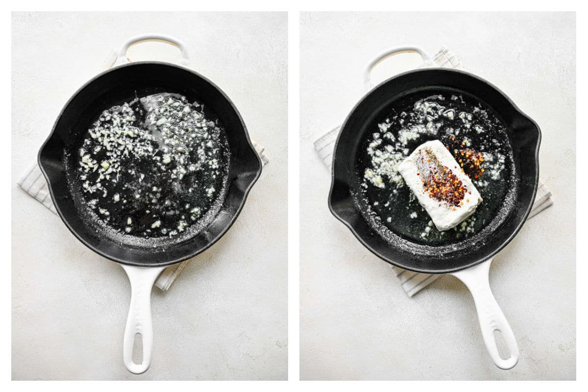 Garlic sauteing in butter next to cream cheese and seasonings in a skillet.
