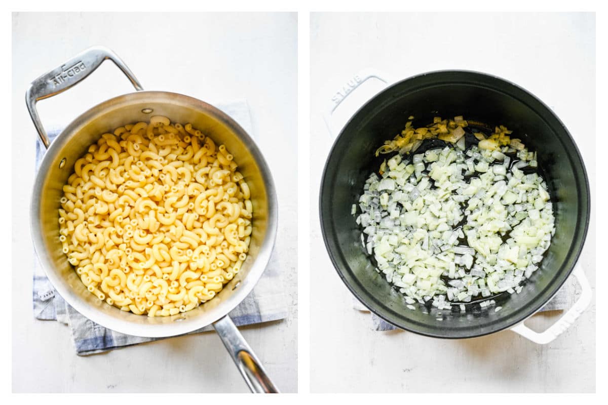 Cooked macaroni in an pot next to onion sauteing in a pot. 