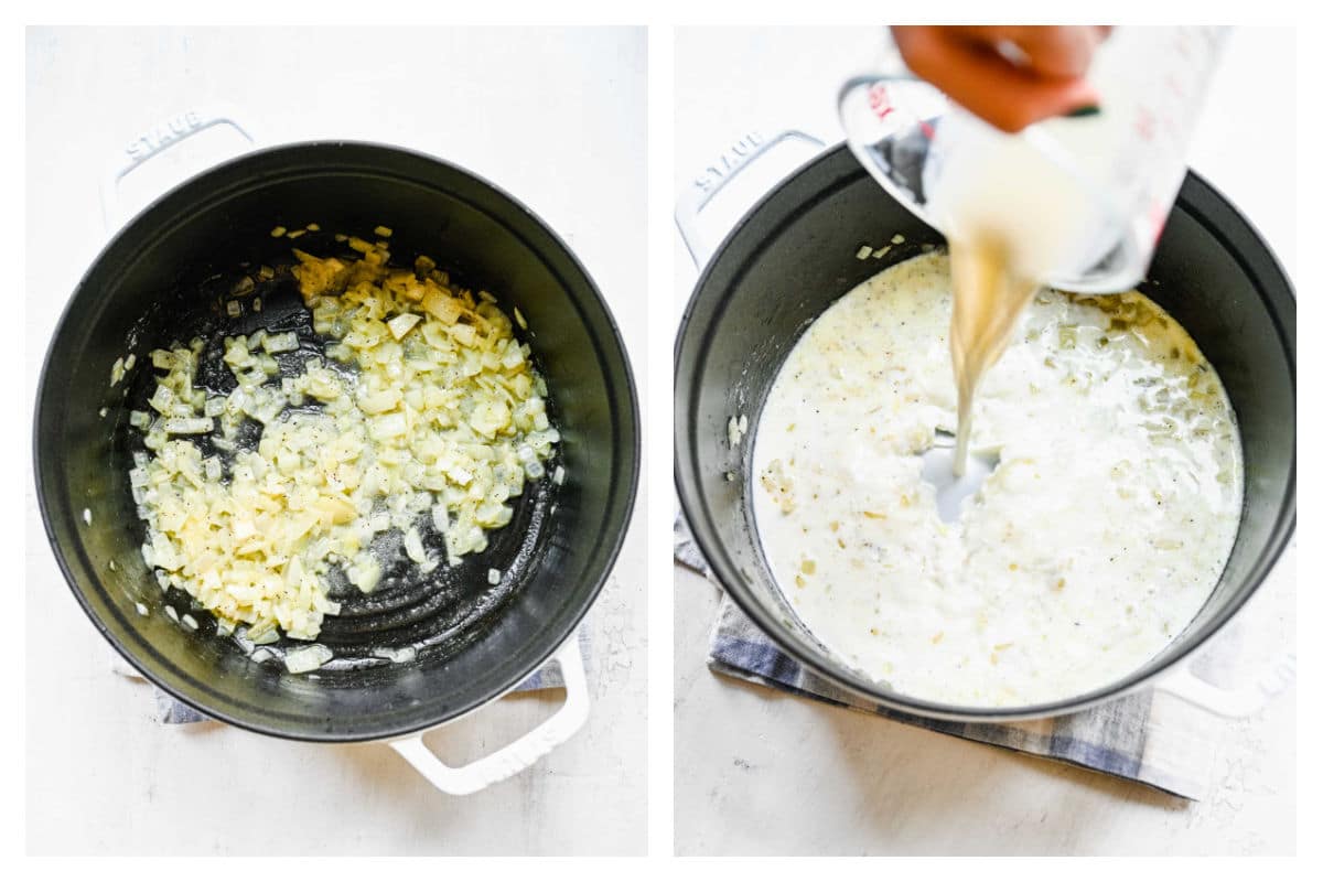 Flour and seasonings cooking with onion next to milk pouring into pot.