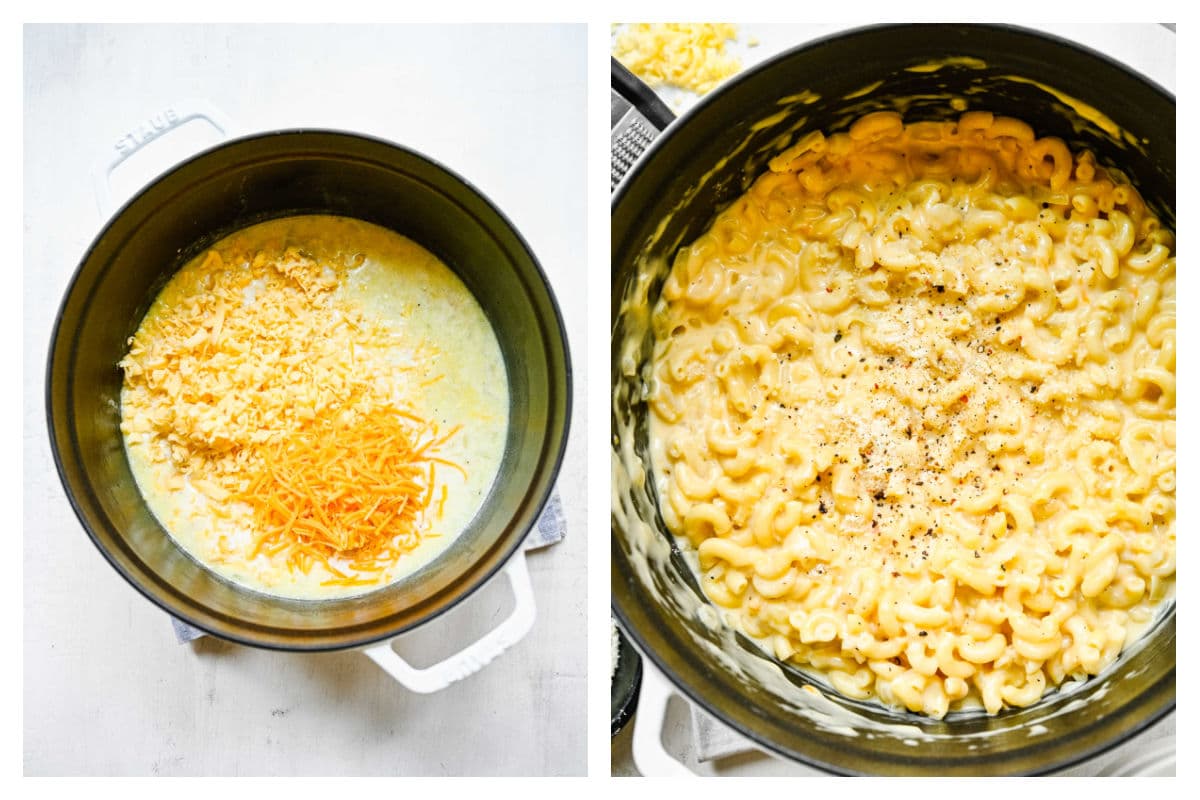 Shredded cheeses on thickened milk mixture next to cooked macaroni stirred in.