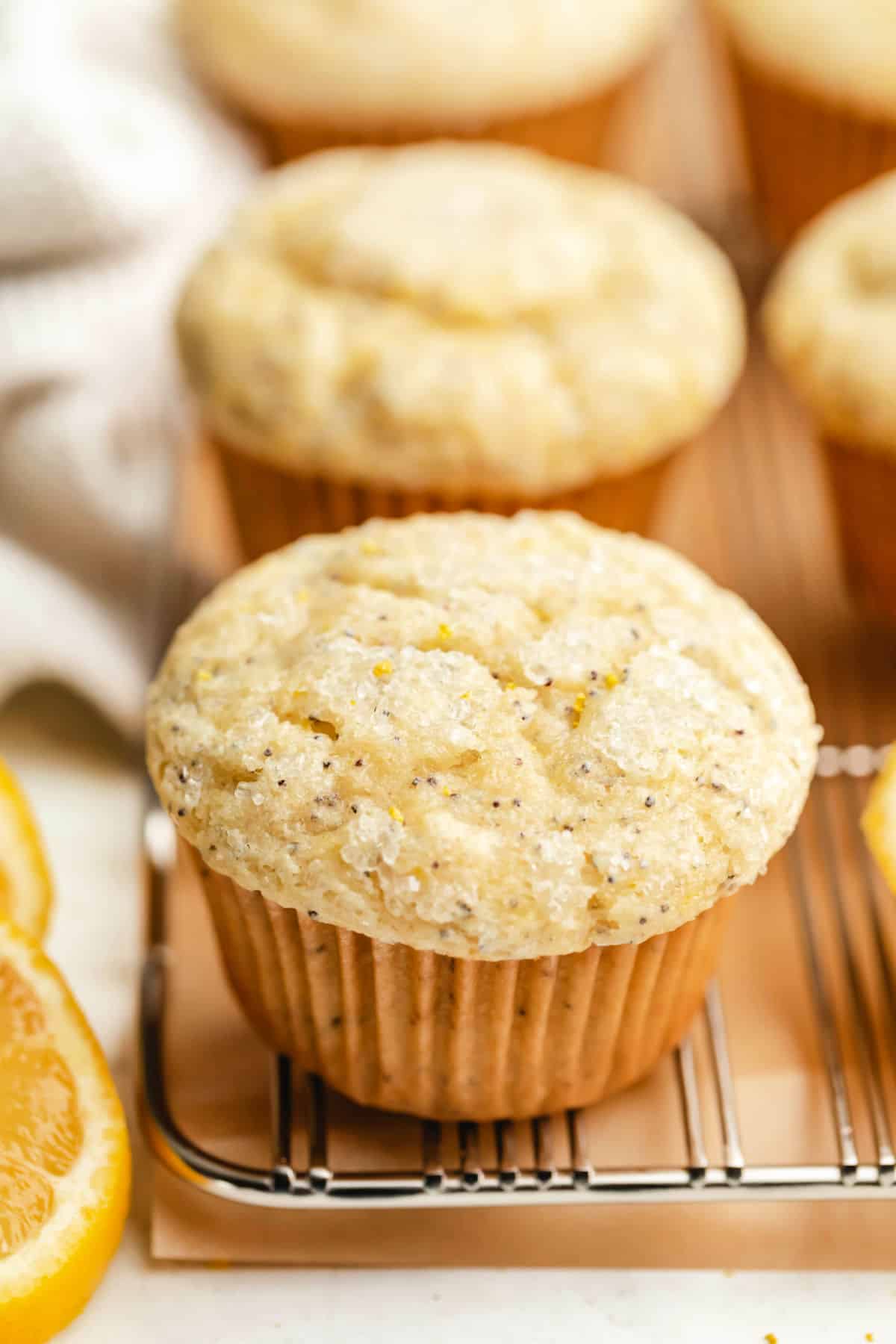 A row of lemon poppy seed muffins on a wire cooling rack.