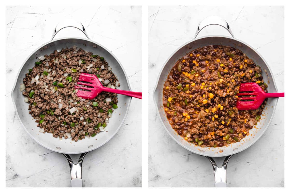 Garlic stirred into ground beef and onion next to bean mixture in skillet.