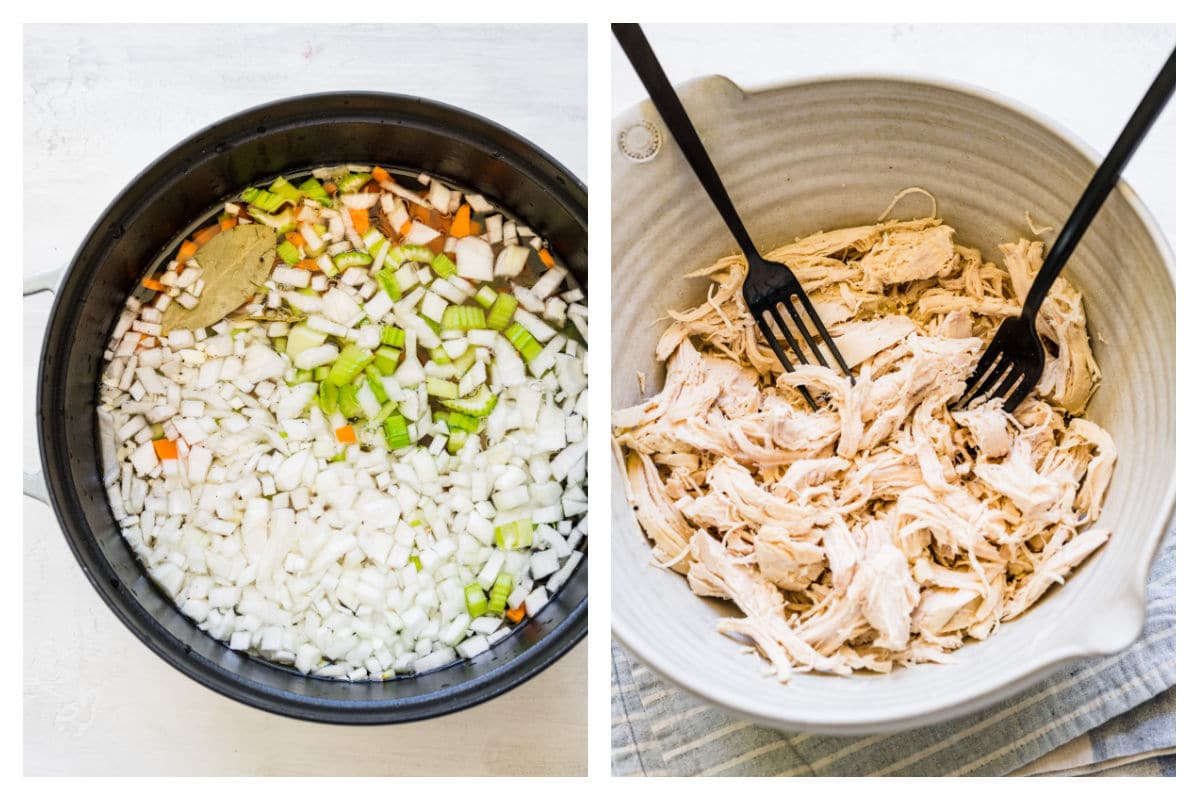 A pot with lemon chicken and rice soup ingredients in it next to two forks shredding chicken.