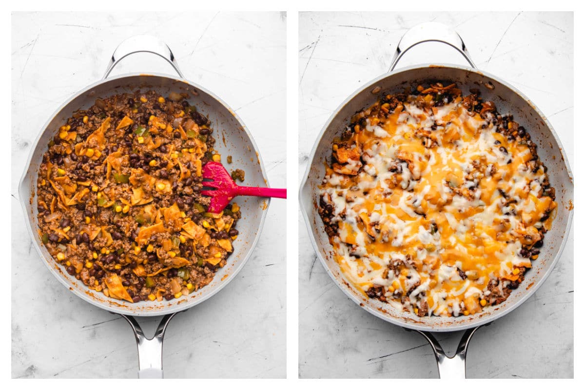 Tortilla strips in enchilada mixture next to cheese melted on top.