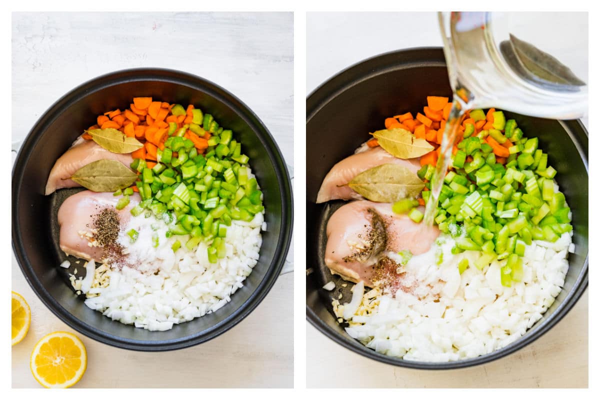 Chicken and chopped vegetables in a pot next to water pouring into the pot.