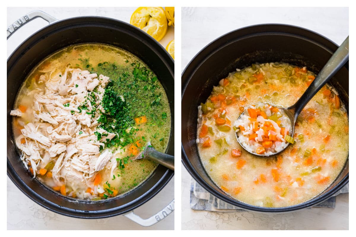Added chicken parsley and dill to a pot of lemon chicken and rice soup next to a ladle scooping up the soup.