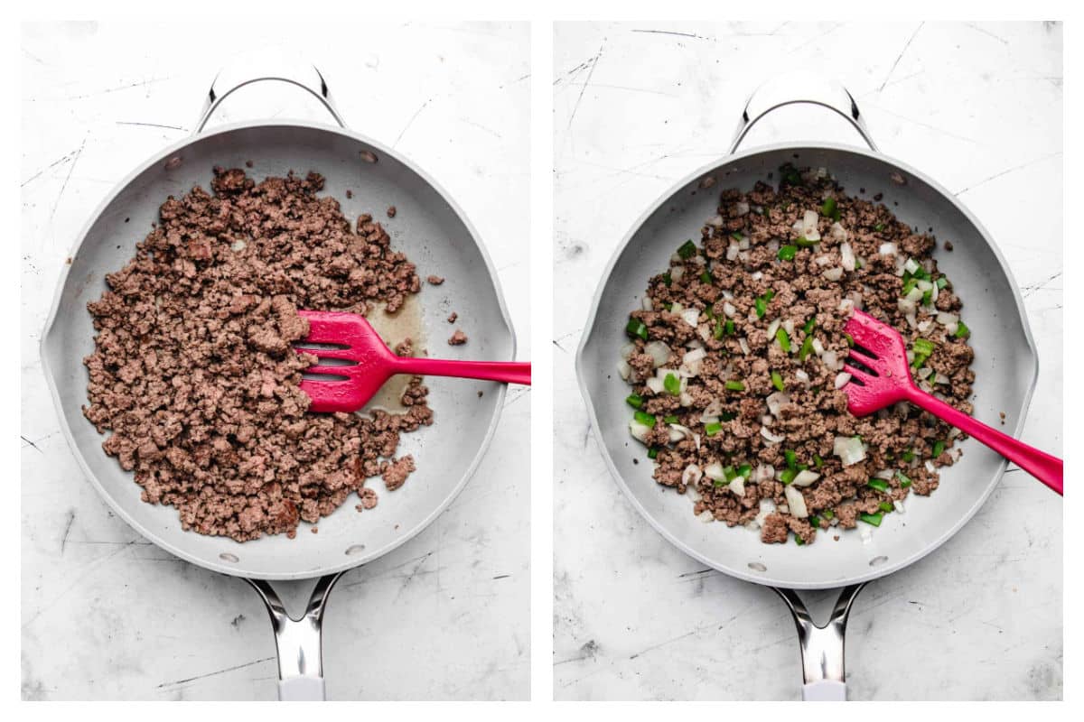 Ground beef browning in a skillet next to onion and green pepper in the skillet.