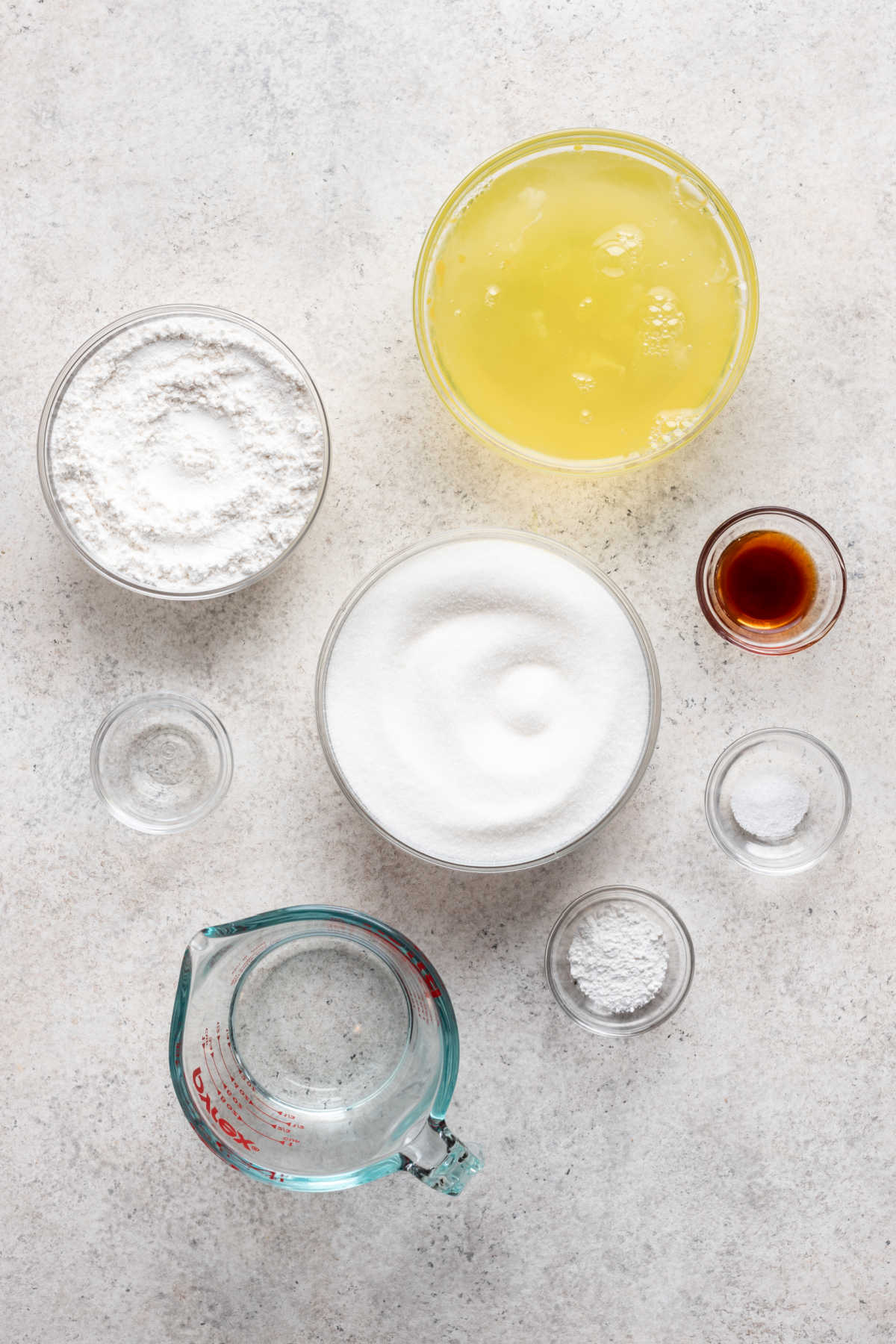 Ingredients for angel food cake in dishes.