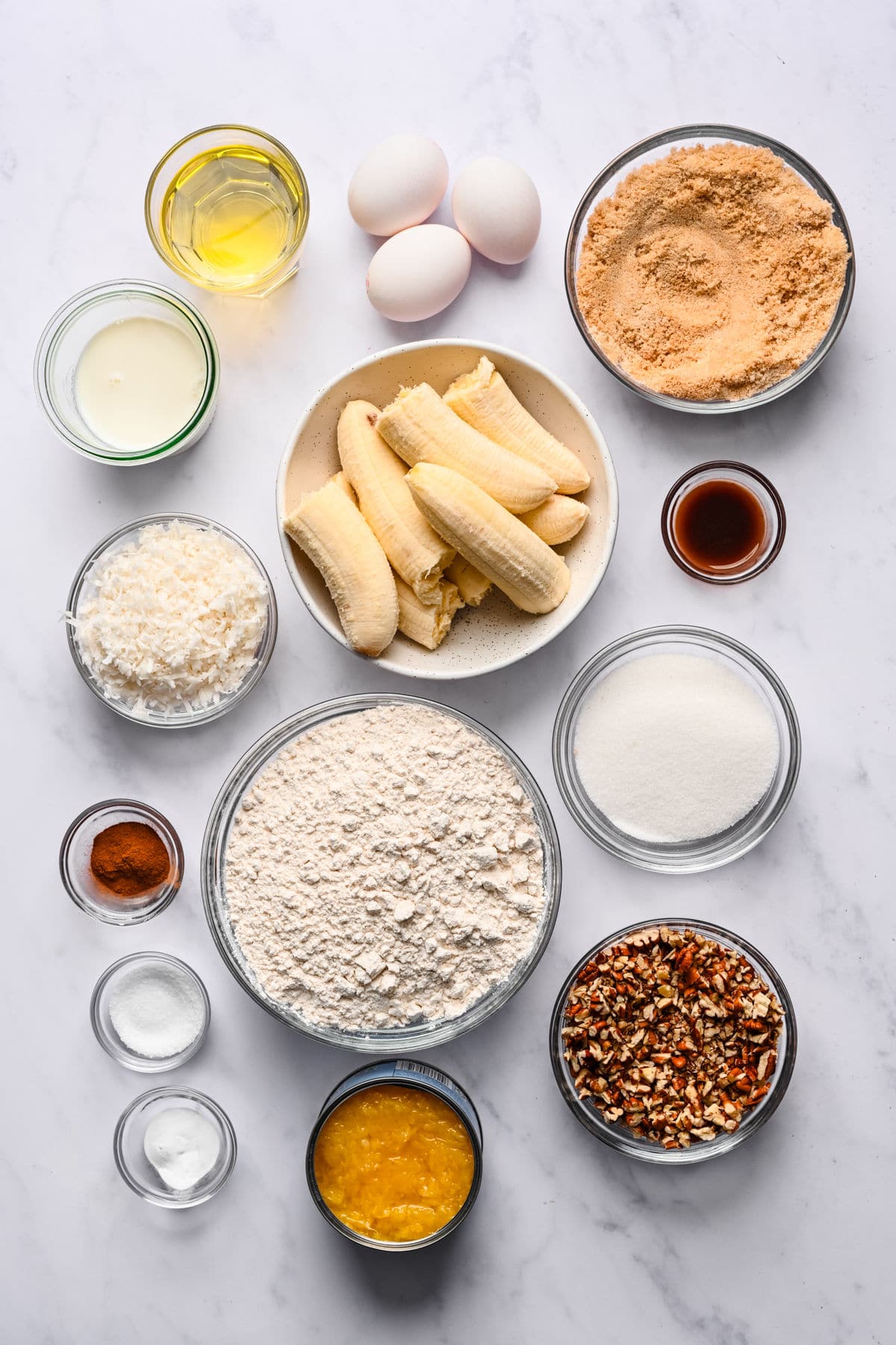 Ingredients for hummingbird cake in dishes. 