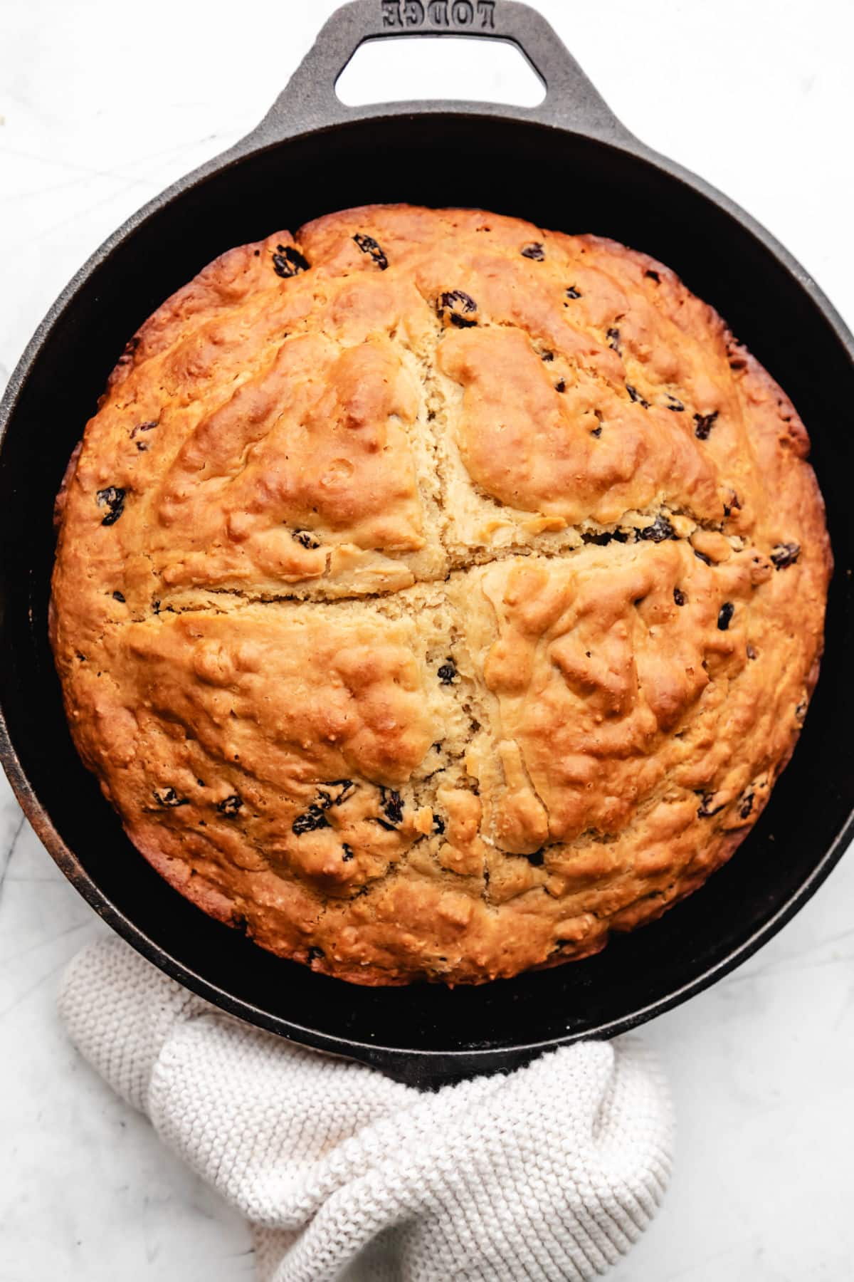 Irish soda bread in a cast iron skillet. 