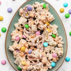 A plate of bunny bait next to a dish of Easter M&Ms.