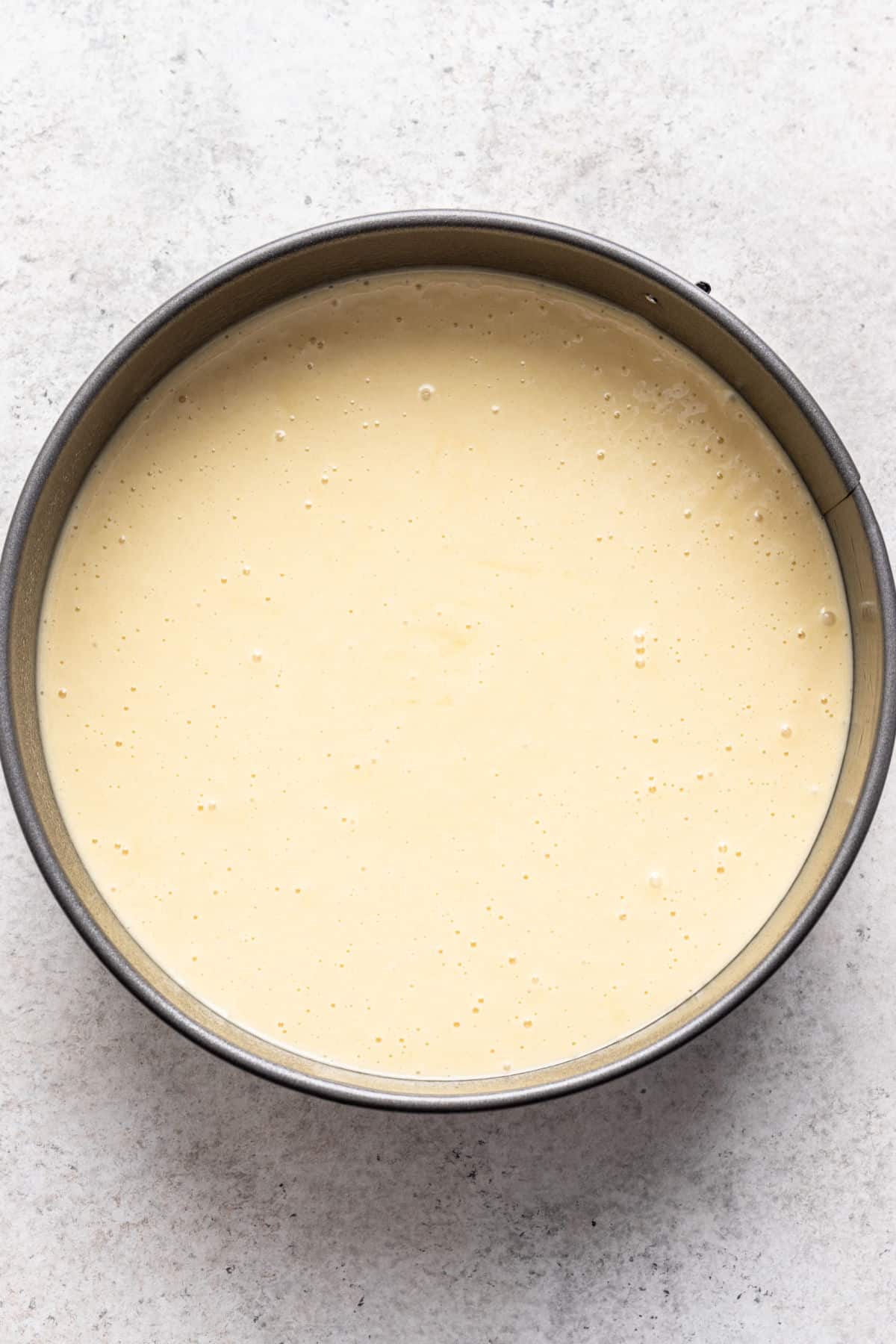 Olive oil cake batter in a springform pan.