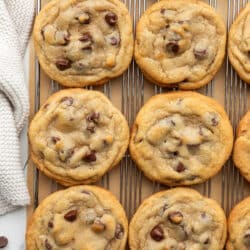 Rows of bakery style chocolate chip cookies on a wire cooling rack.