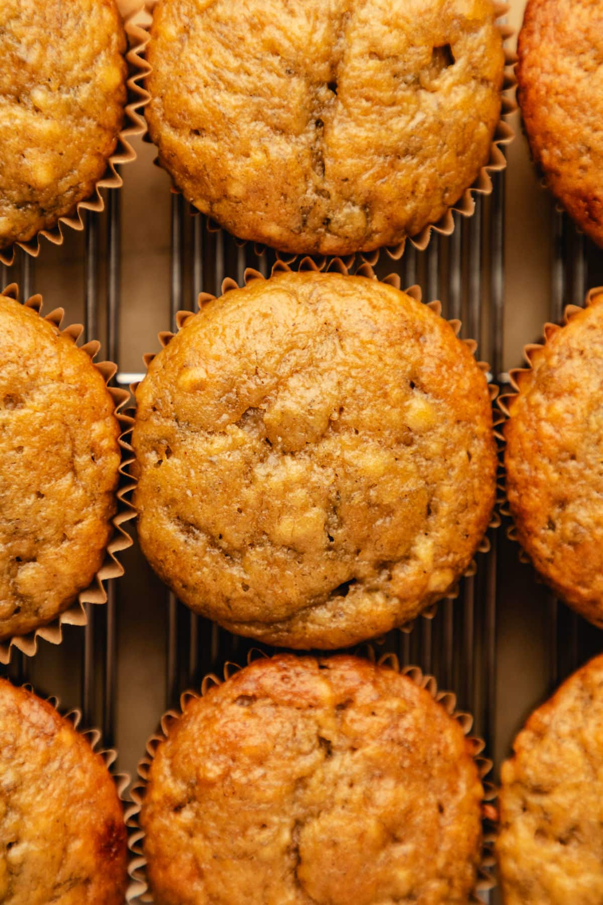 Rows of banana muffins on a wire cooling rack. 