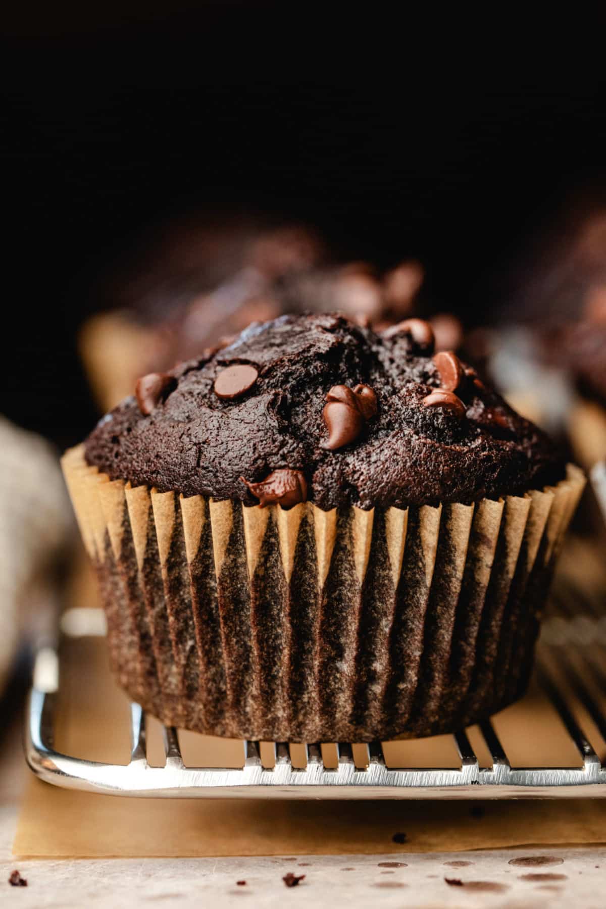 Double chocolate chip muffins on a wire cooling rack.