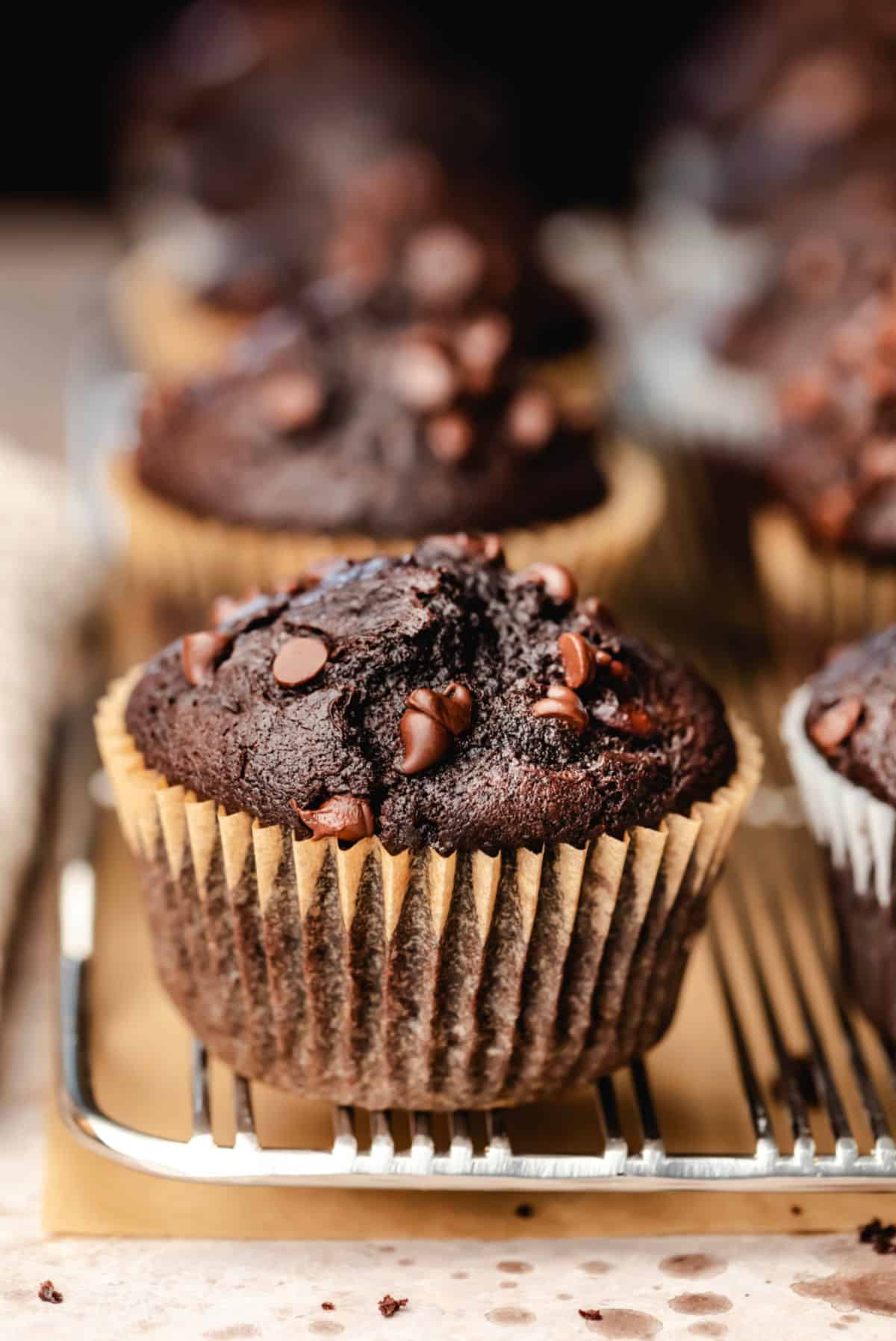 Double chocolate chip muffins in parchment paper liners. 