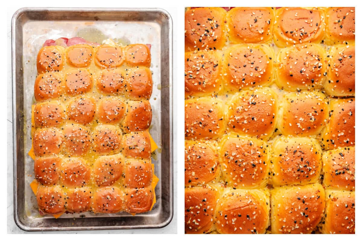 Butter sauce brushed over sliders next to baked roast beef sliders on a tray.