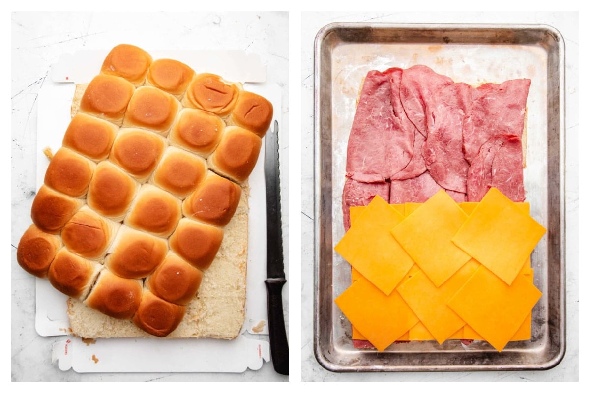 Hawaiian rolls slider horizontally next to roast beef and cheddar on top of rolls.