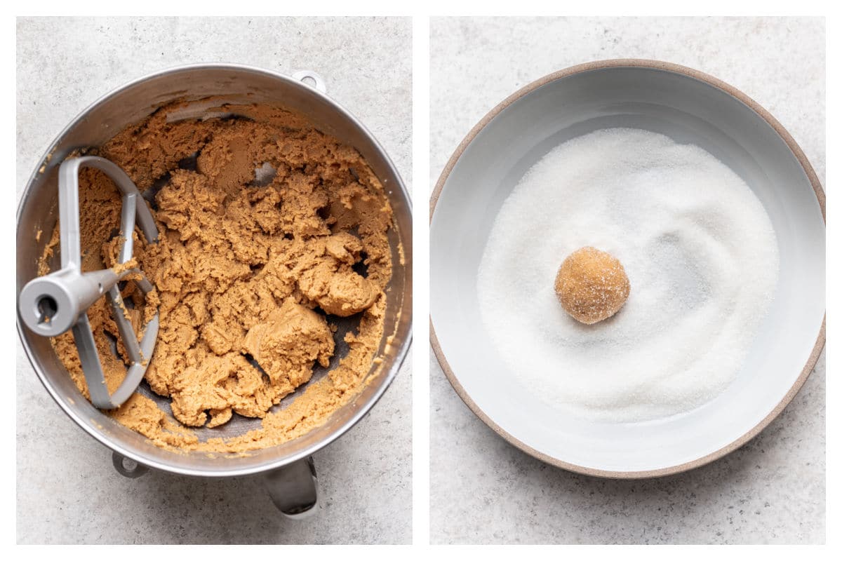Peanut butter cookie dough in a bowl next to a peanut butter cookie dough ball in a dish of sugar.