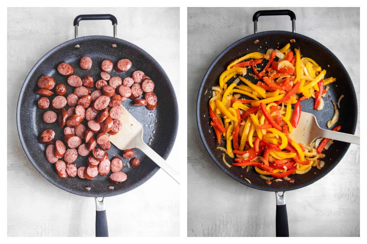 Kielbasa browning in a skillet next to onions and peppers sauteing in a skillet.