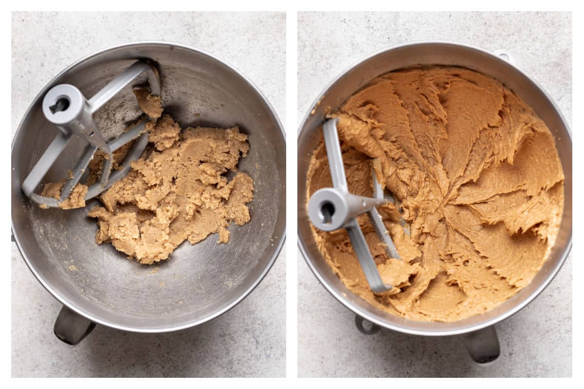 Peanut butter and sugars in a bowl next to peanut butter beaten in.