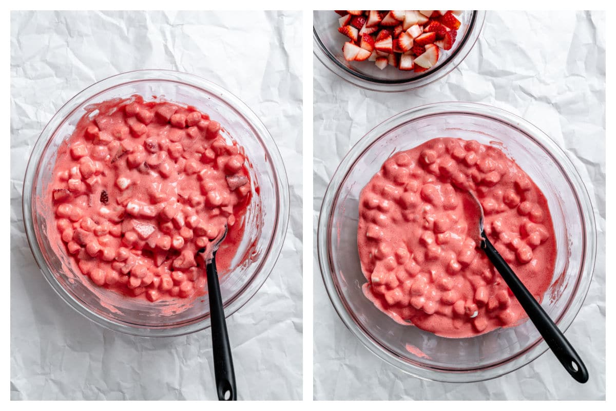 Mini marshmallows mixed into Greek yogurt mixture and strawberries folded into marshmallow mixture.