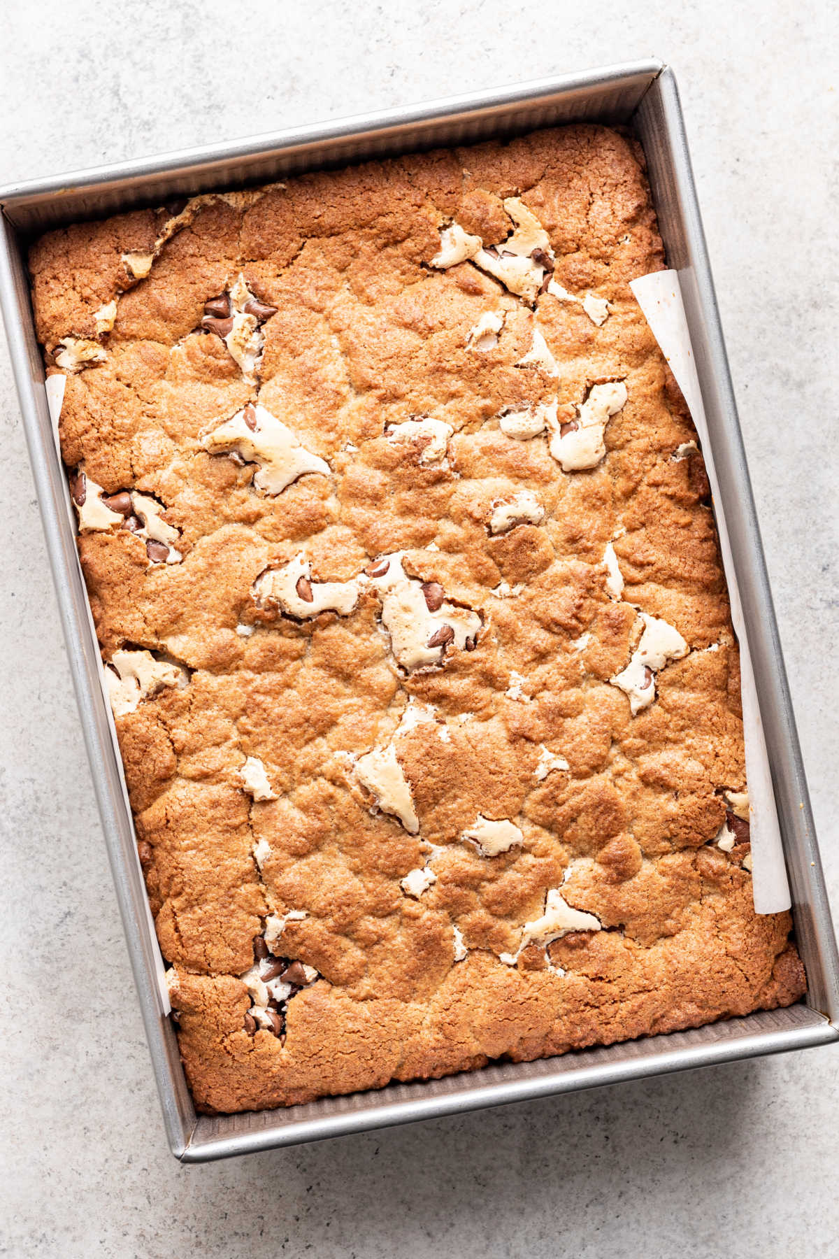 Baked s'mores bars in a 9 by 13 inch pan.