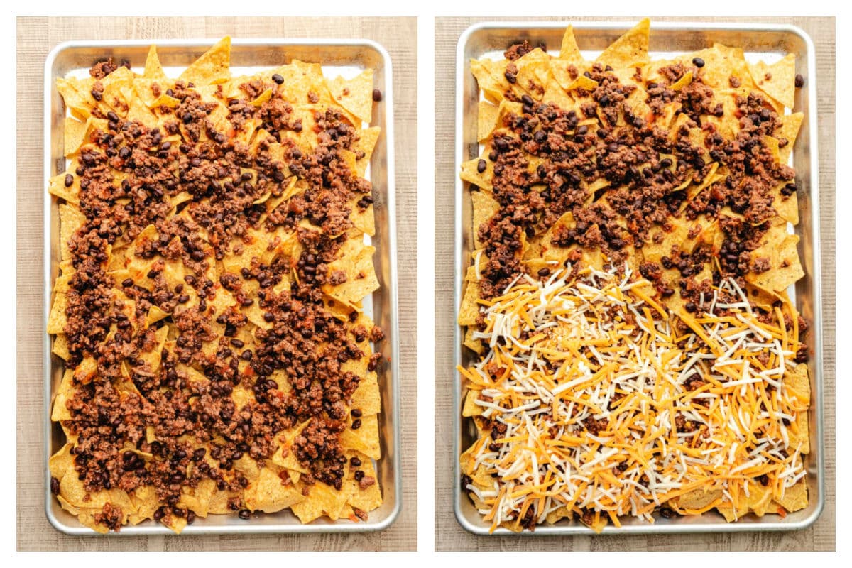 Ground beef mixture over tortilla chips next to cheese over ground beef mixture.