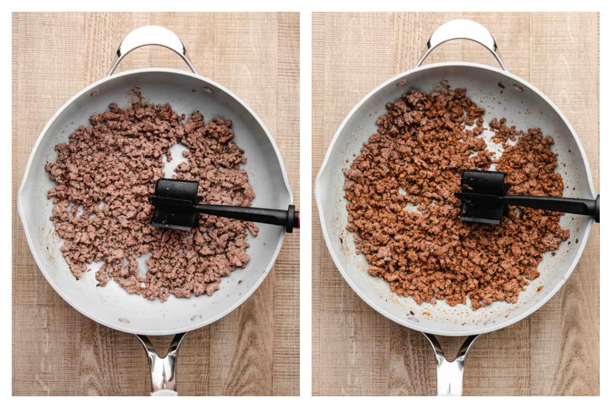 Browned ground beef in a skillet next to taco seasoning stirred in.