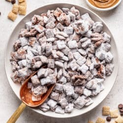 A white dish of puppy chow with a wooden scoop in it.