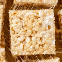 Cut brown butter rice krispies treats in a row.