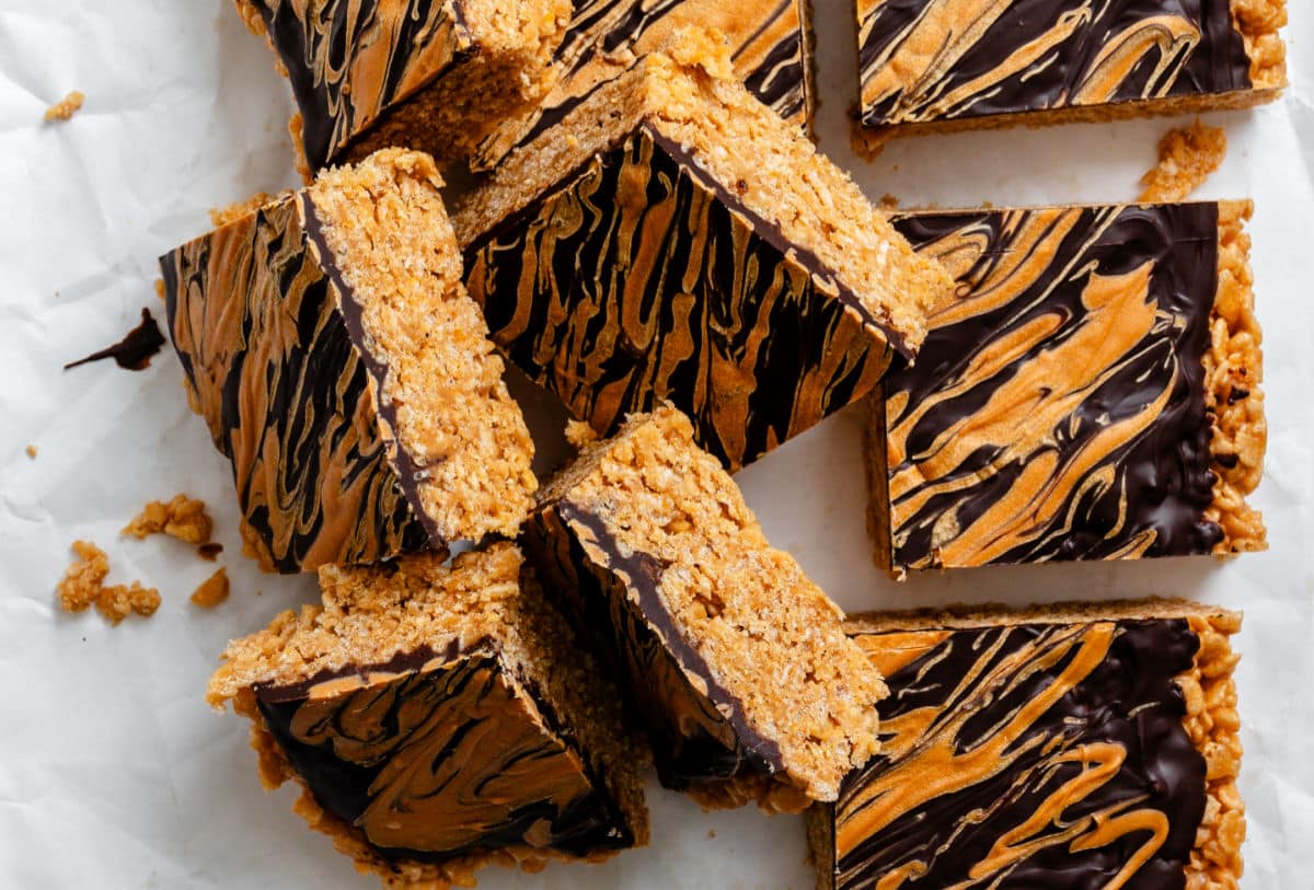 Cut butterscotch rice krispie treats on their side.