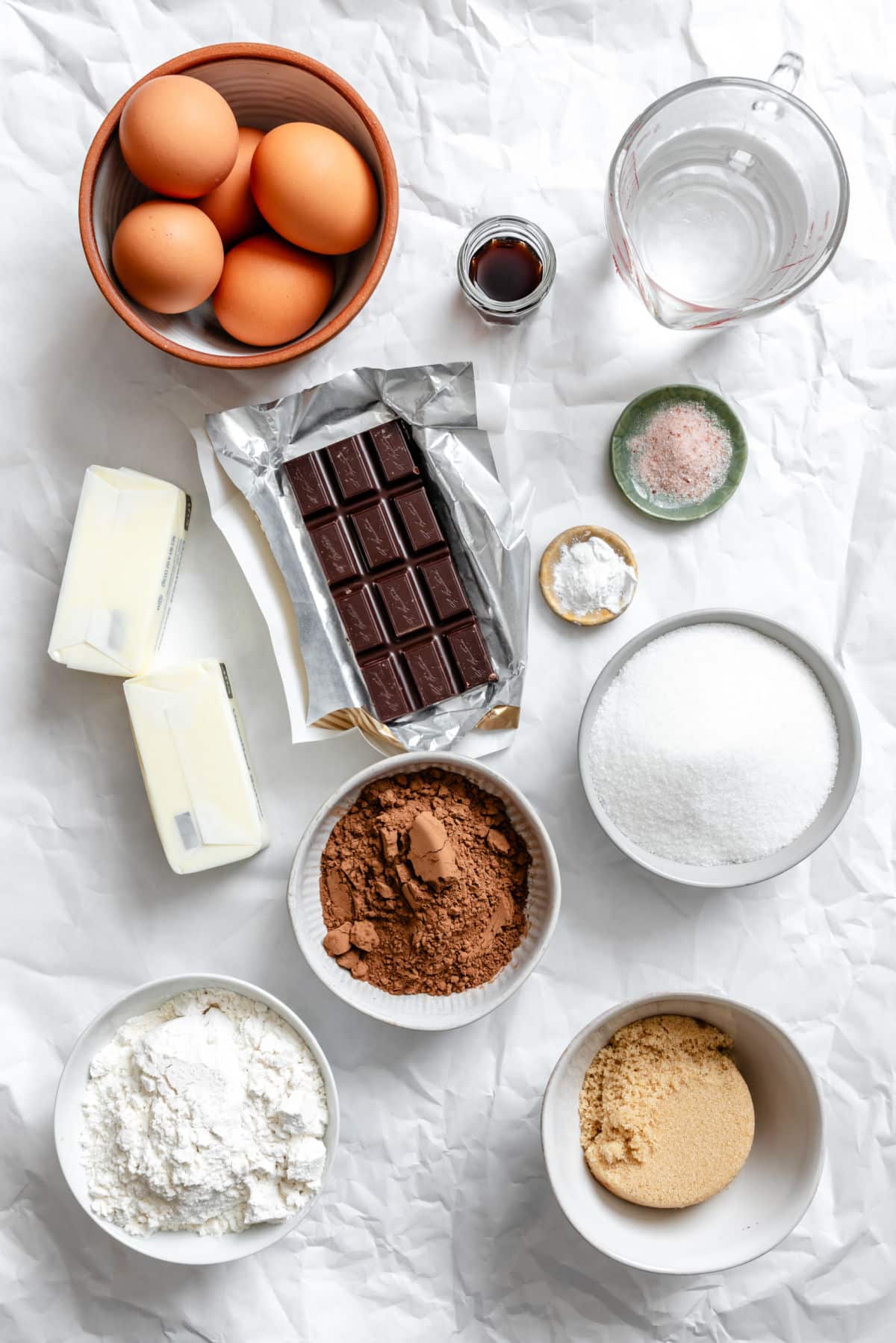Ingredients for chocolate pound cake in dishes.