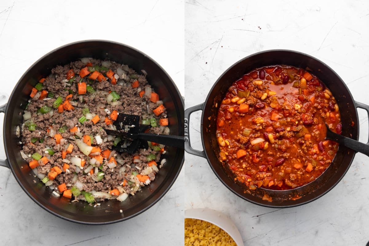 Seasonings stirred into ground beef and veggies.