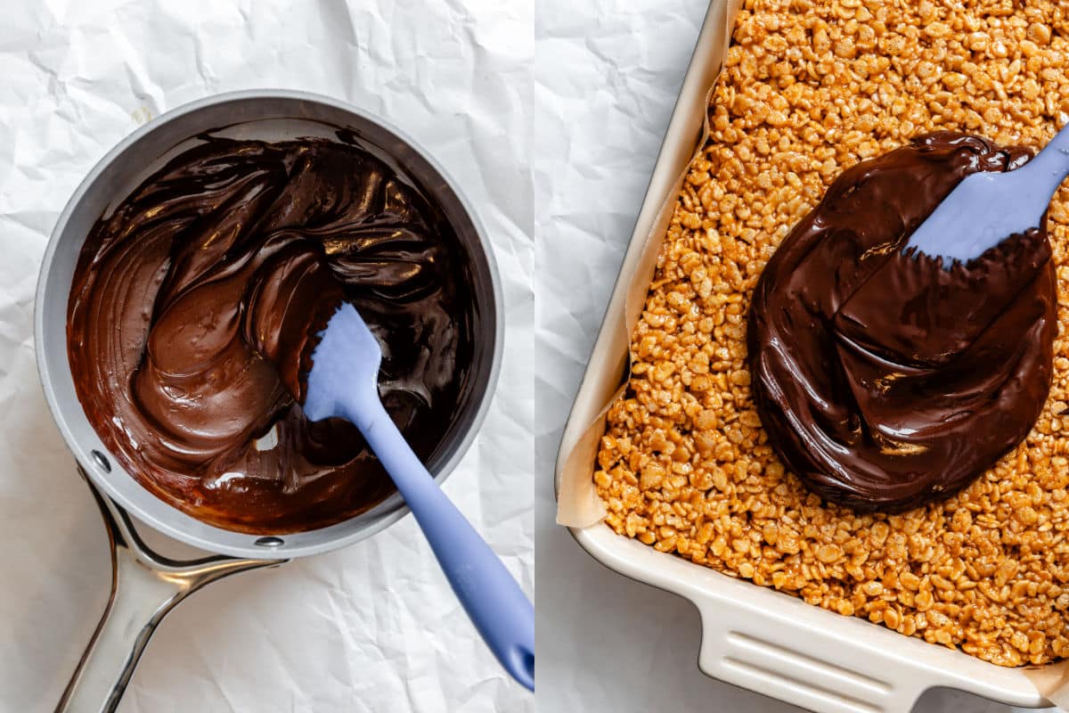 Melted chocolate chips in a saucepan next to melted chocolate chips spread onto butterscotch rice krispie treats.