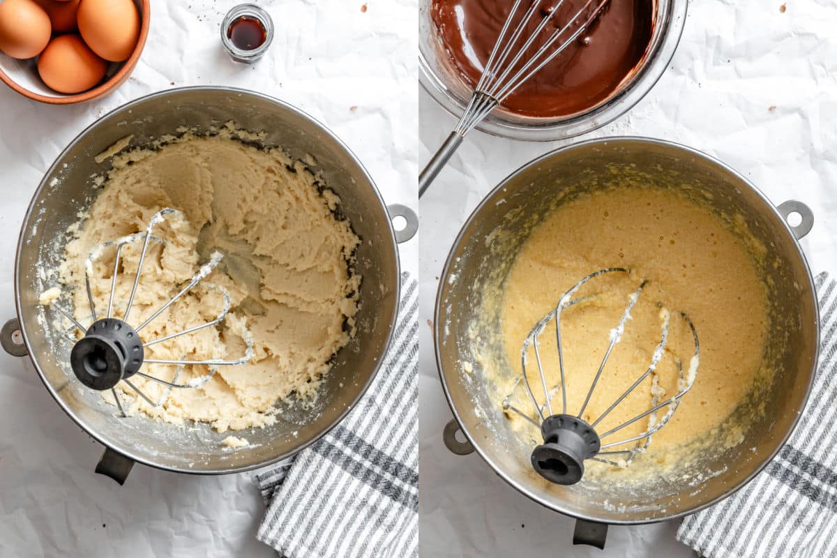 Creamed butter and sugar in a mixing bowl next to eggs and vanilla mixed into creamed butter mixture.