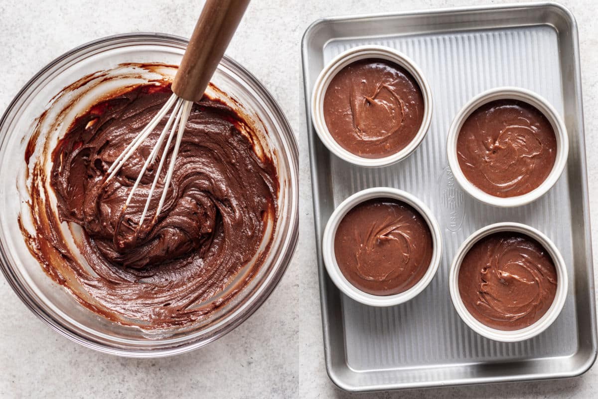 Molten chocolate cake batter in a glass mixing bowl next to four ramekins with chocolate lava cake batter in them.