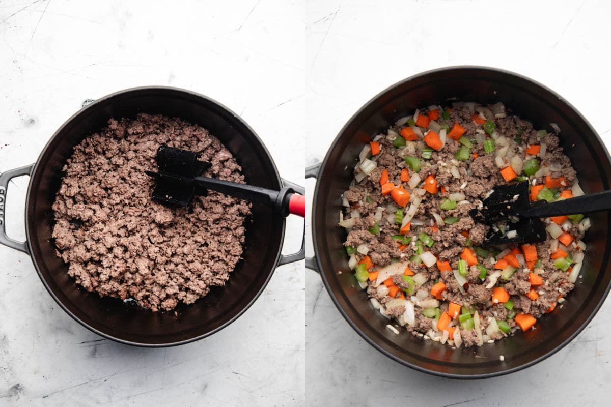Cooked ground beef next to a Dutch oven with veggies and ground beef in a Dutch oven.