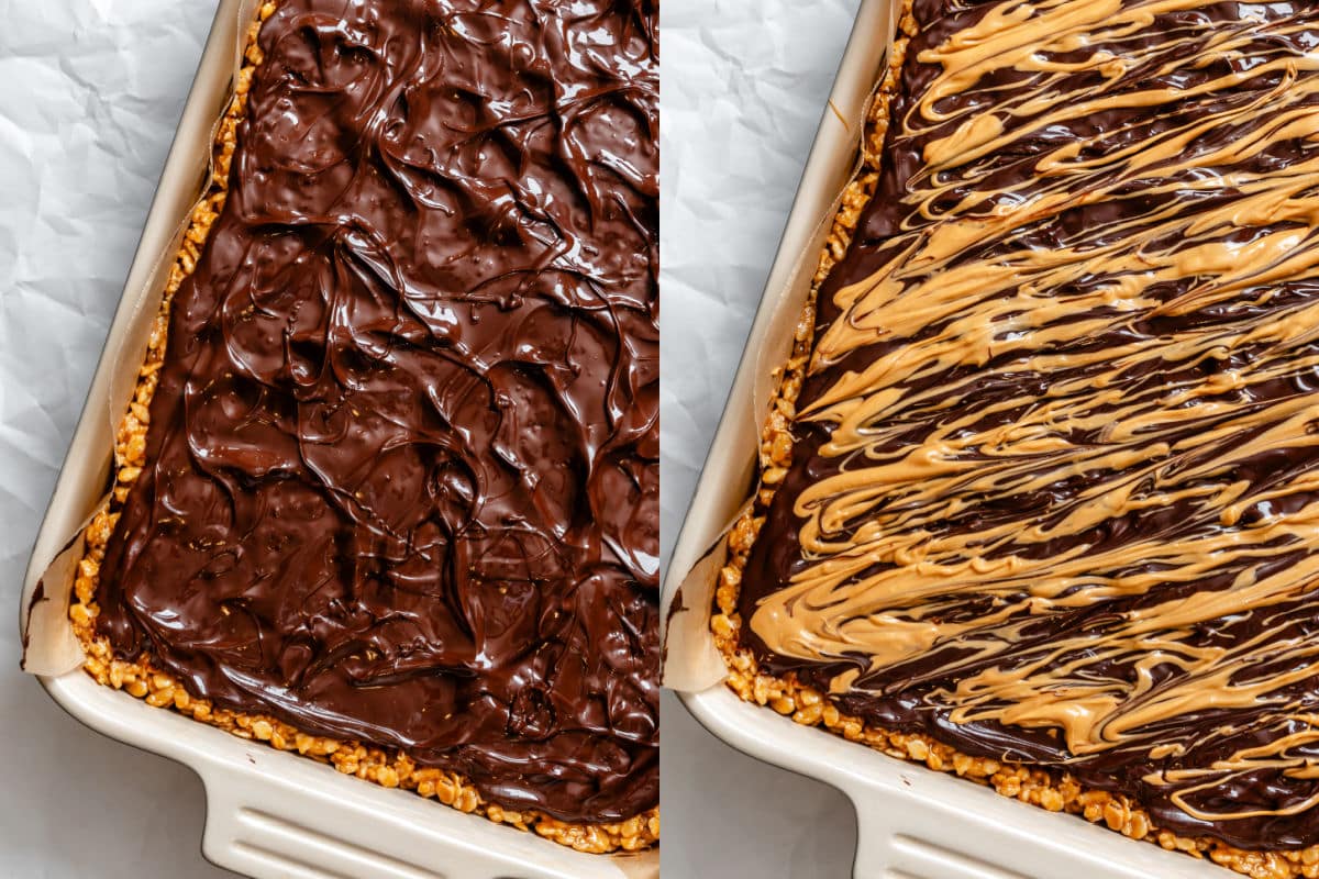 Chocolate spread over butterscotch rice krispies and melted butterscotch chips drizzled over melted chocolate.