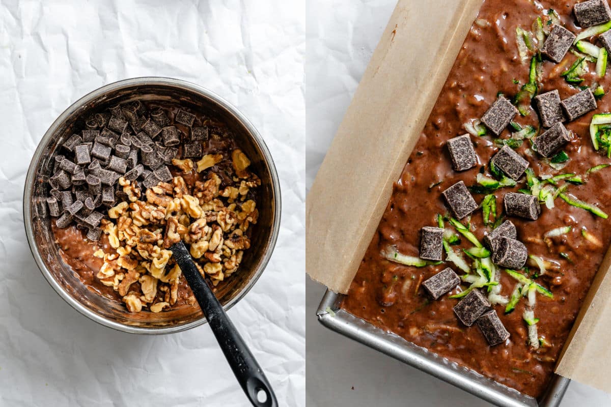 Chocolate chunks and chopped nuts on chocolate zucchini bread batter next to chocolate zucchini bread batter in a loaf pan.