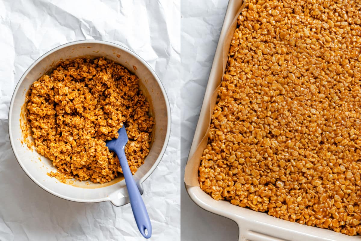 Rice krispies folded into butterscotch mixture next to butterscotch rice krispies in a pan.