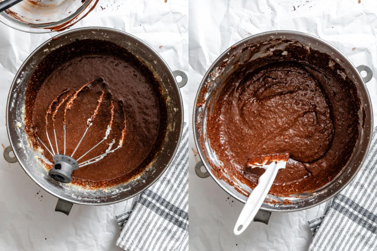 Melted chocolate mixture stirred into creamed butter mixture next to dry ingredients stirred into wet ingredients for chocolate pound cake.
