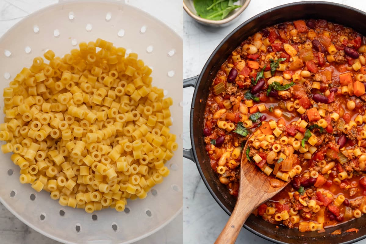 A strainer with ditalini pasta next to a Dutch oven with pasta e fagioli soup in it.