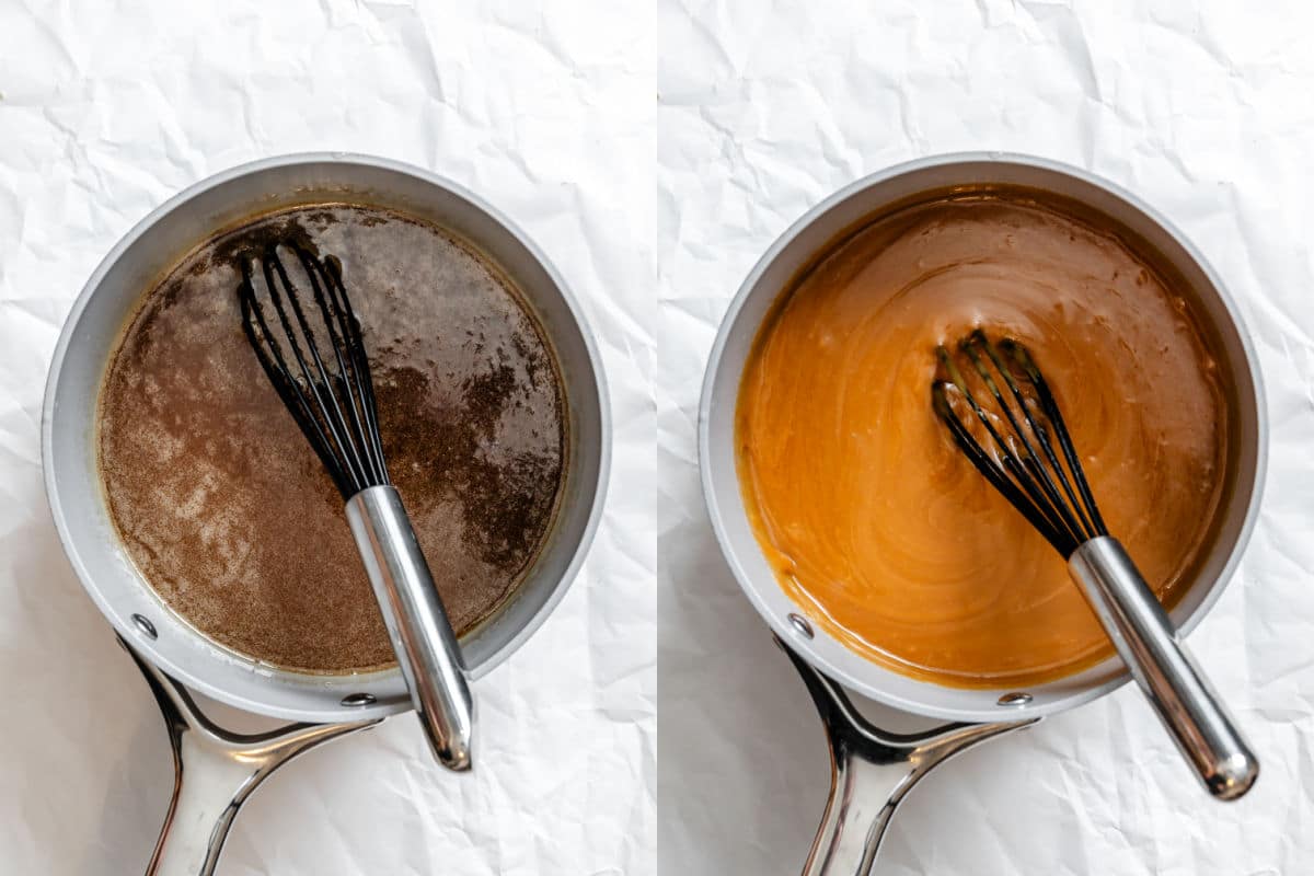 A saucepan with melted butter and corn syrup and a saucepan with melted butterscotch chips in corn syrup mixture.