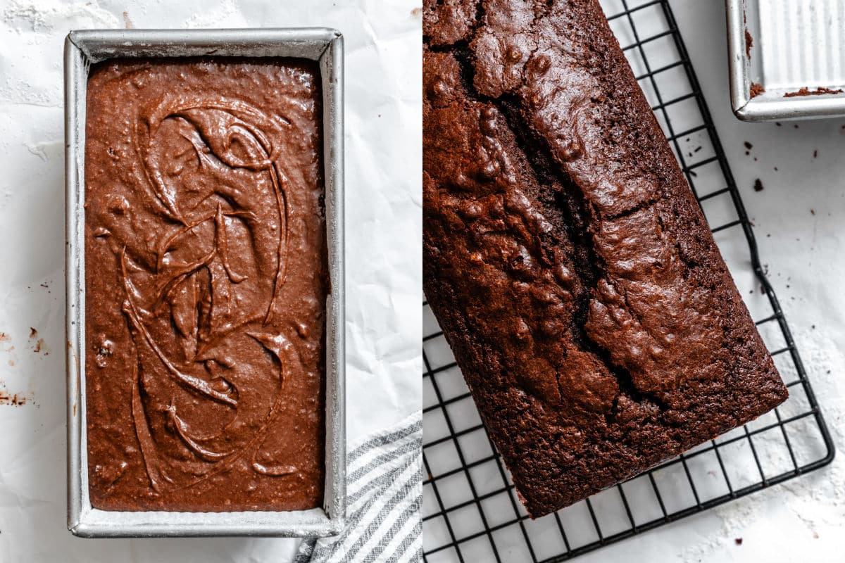 Chocolate pound cake batter in a loaf pan next to a baked chocolate pound cake.