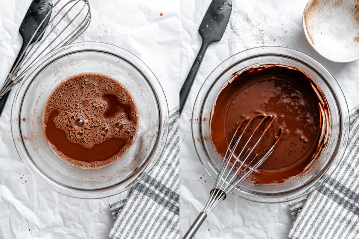 chopped chocolate and hot water in a bowl next to a bowl with cocoa powder stirred into chopped melted chocolate.