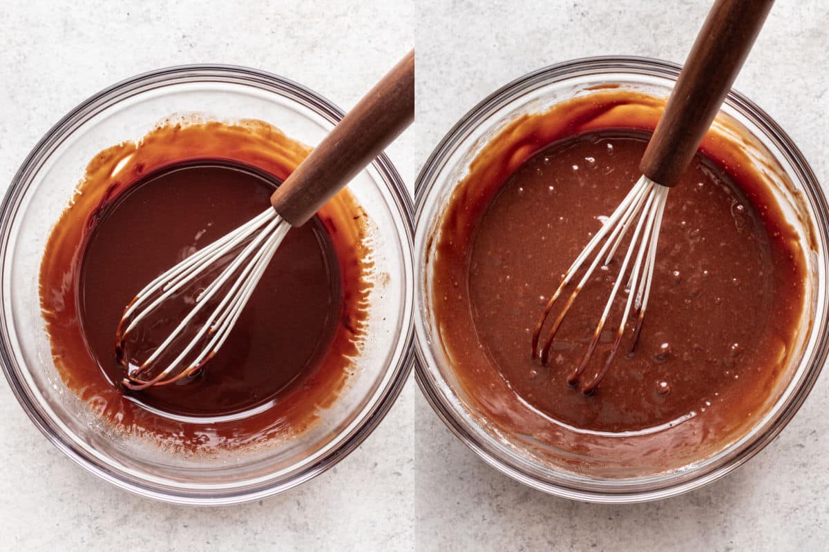Melted chocolate and butter in a bowl next to a bowl with egg, melted chocolate, butter, and vanilla.